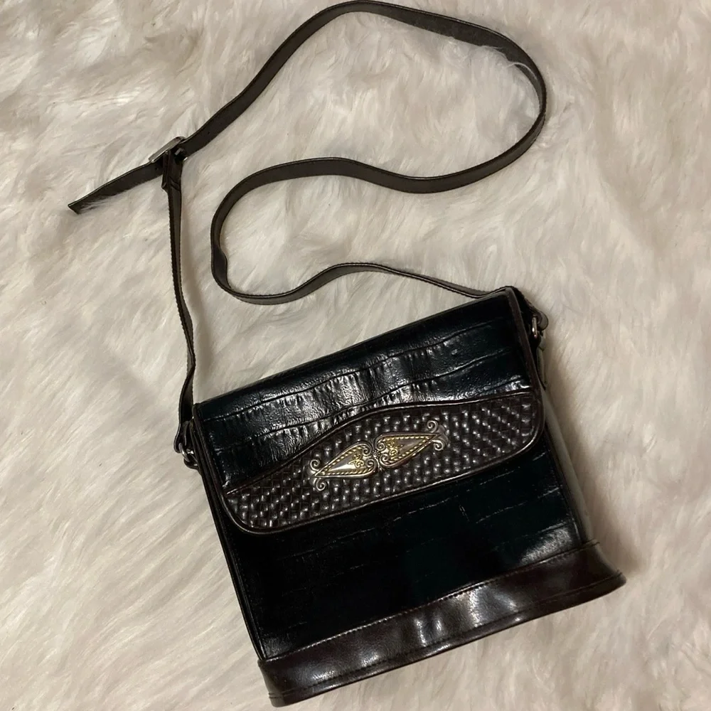 Vintage Marlo black leather‎ mock croc brown shoulder purse western bucket bag